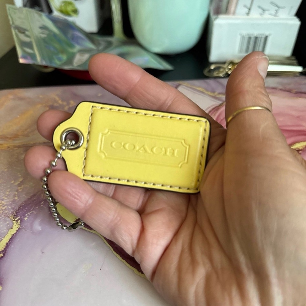 Coach Yellow Leather Embossed Key Tag with Ball Chain